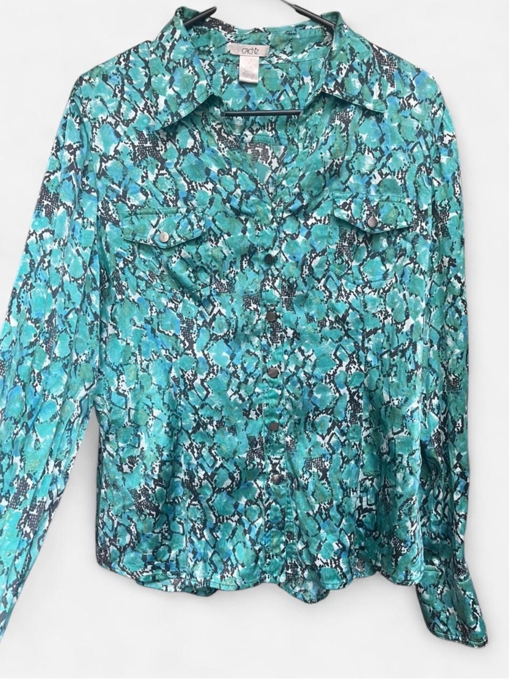 Cache Blue Green Snake Print Silk Collared Long Sleeve Snap Front Top Sz Large